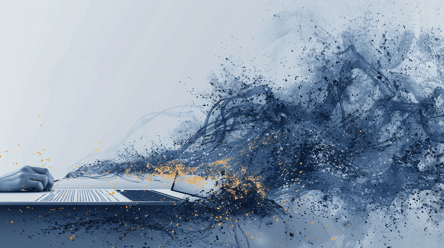 A hand holds a pen beside a laptop as a dark, ink-like explosion of particles bursts outward from the screen, illustrating the flood of options AI generates against a single point of human decision.
