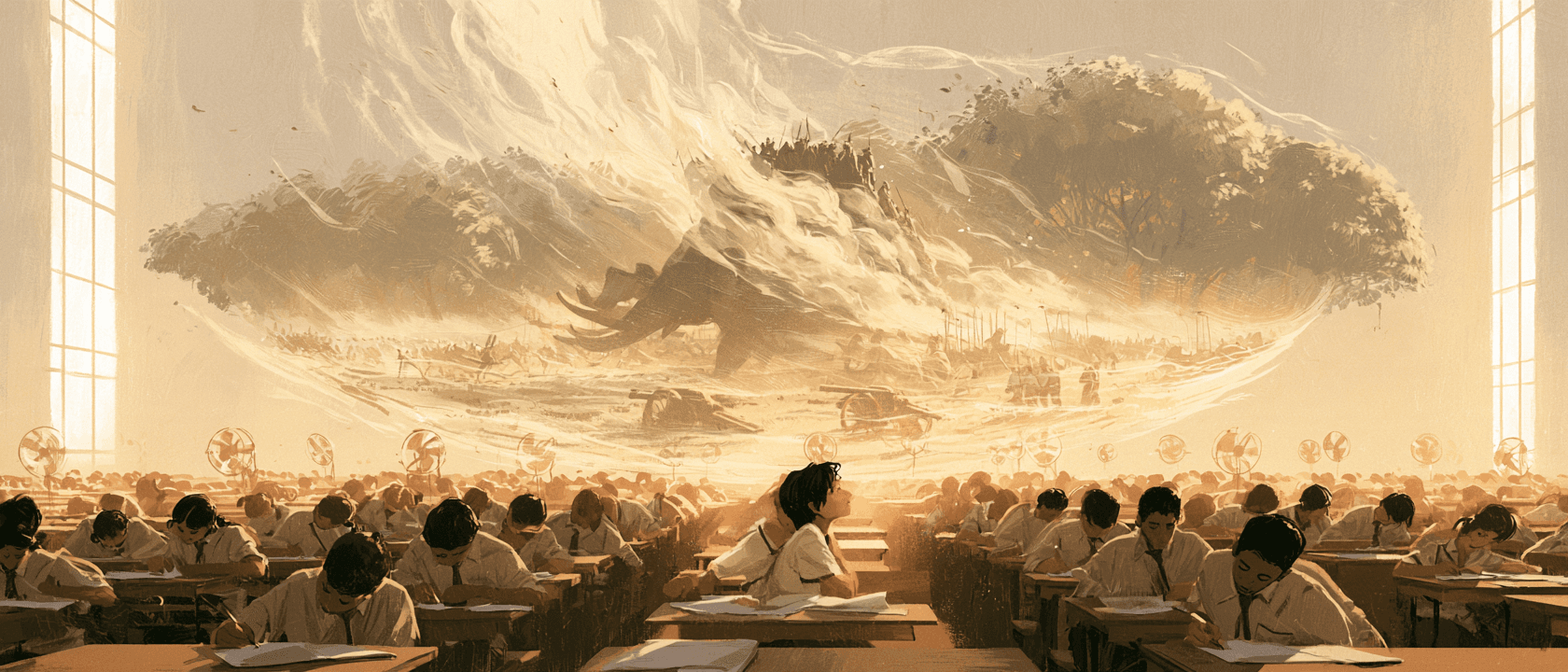 Rows of students in white uniforms bent over answer sheets in a vast examination hall, while one student looks up at a misty vision above the desks: a 1757 battlefield with an elephant, cannons, smoke and a mango grove