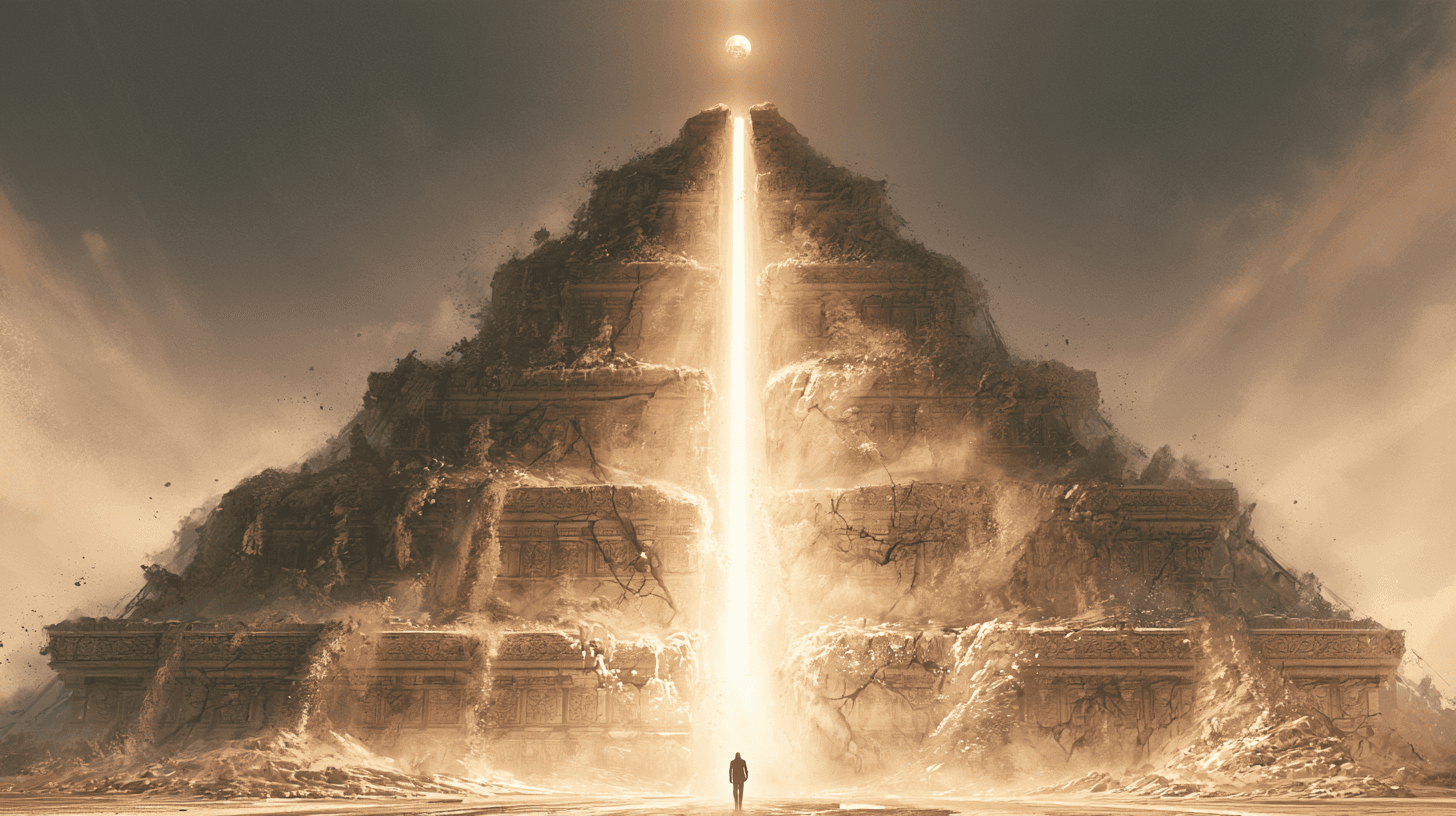 A crumbling five-tiered stone ziggurat, illuminated by a single beam of light descending from a detached glowing orb high above, reaching a lone figure standing at its base.