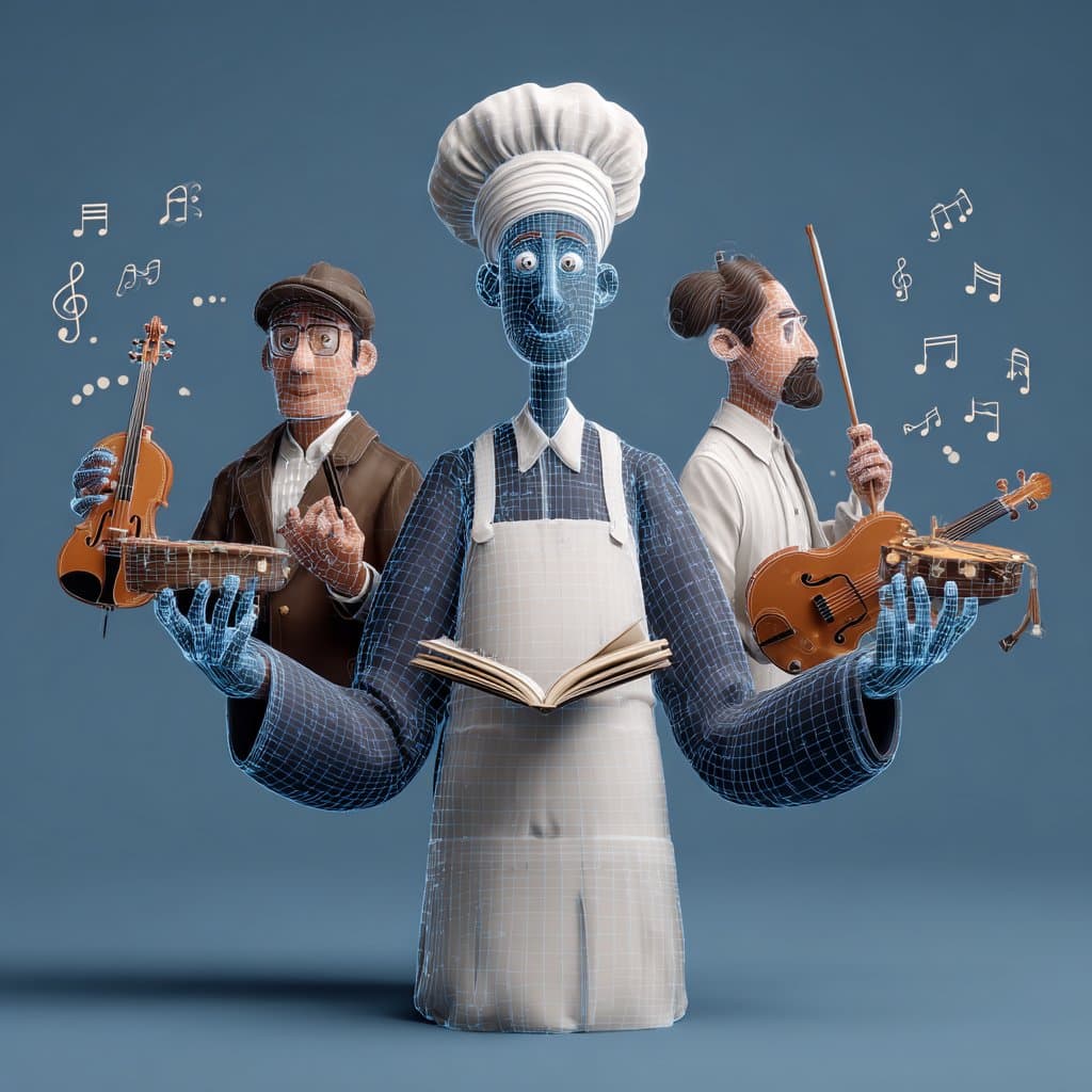 A wireframe AI figure in a chef's hat holds an open book while human musicians emerge from its sides — a visual metaphor for AI absorbing and embodying human expertise