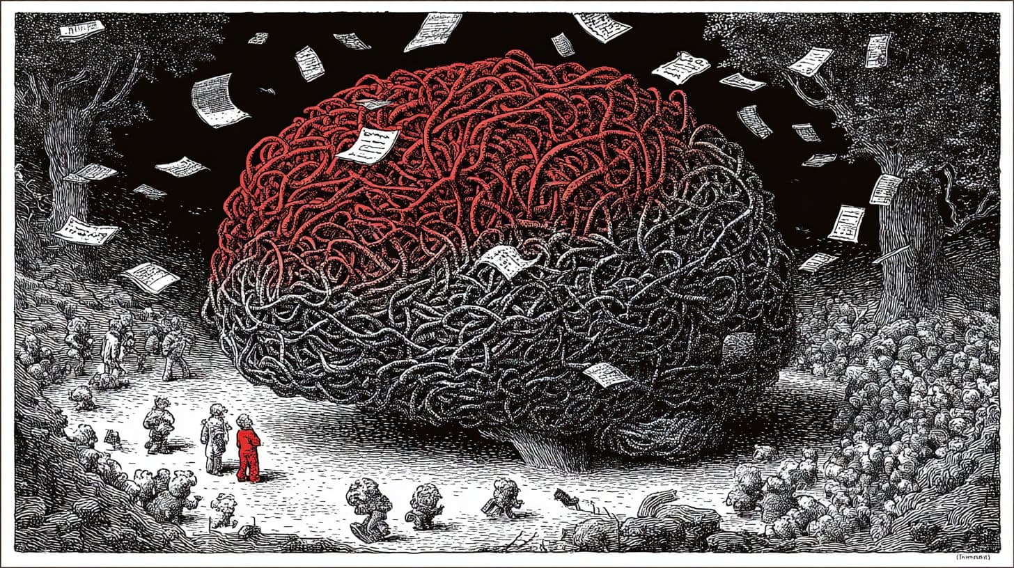 A vast tangled brain made of red and black wire in a dark forest, tiny figures standing before it, documents raining from the sky