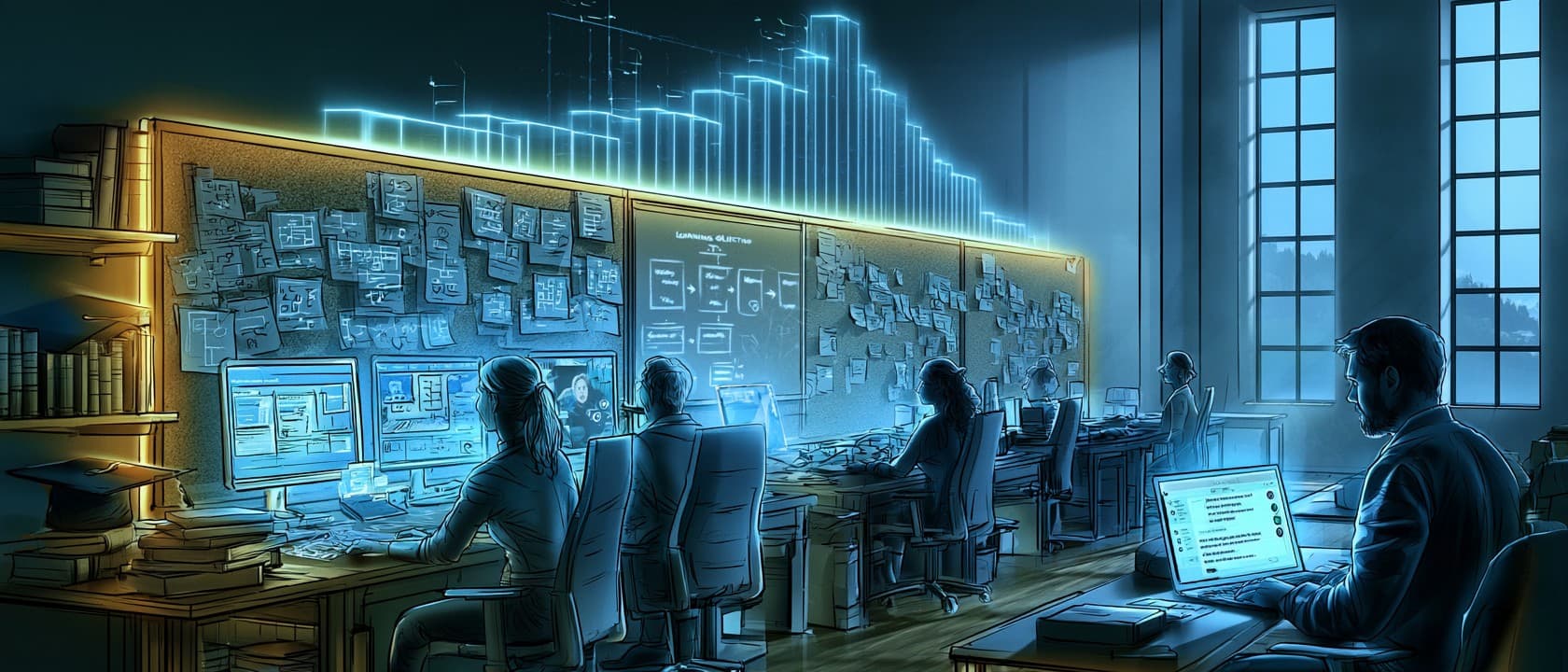 Illustration of an instructional design studio. Designers sit at desks beneath storyboard-covered boards on the left, one person works alone with a laptop on the right, and a glowing bar chart above them rises to a peak and then falls.