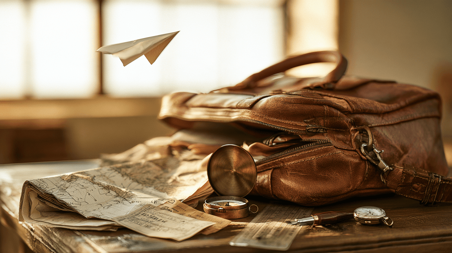 A stack of vintage airline boarding passes on a wooden desk, the top ticket dissolving at one corner into strands of glowing golden light.
