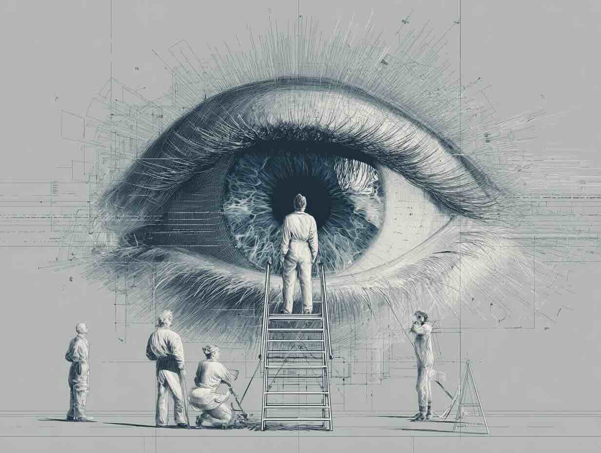 Engineers working on a giant eye — surveillance and construction as metaphor for the product layer above the LLM