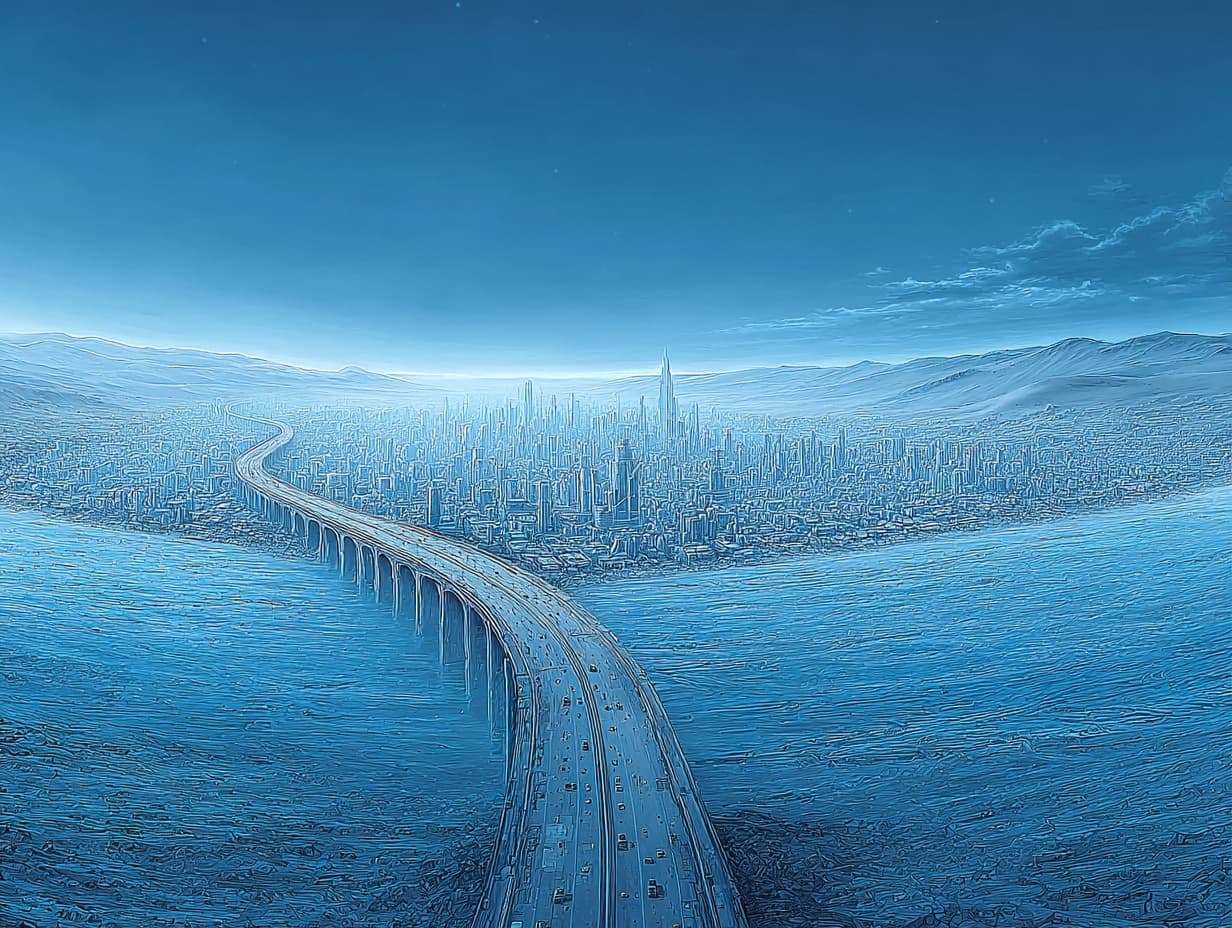 A long bridge crossing a vast water crossing, disappearing into a sparse distant cityscape