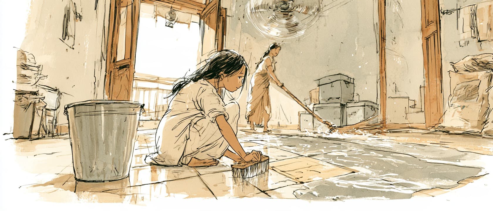 A barefoot girl crouches on a wet tiled floor scrubbing with a stiff brush beside a steel bucket, while a woman in a sari pushes a wave of grey water across the room with a wooden-stick broom; a ceiling fan spins above and tin boxes and sacks are stacked behind them.