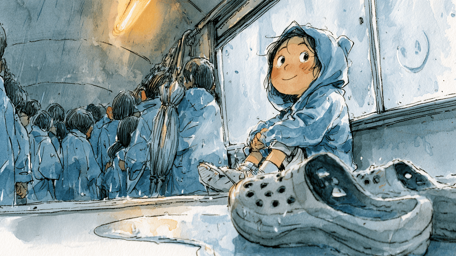A smiling child in a blue hooded raincoat sits by a fogged bus window with a smiley drawn in the condensation, a pair of grey ventilated plastic shoes in the foreground, and a crowd of raincoated children behind under a warm tube light.