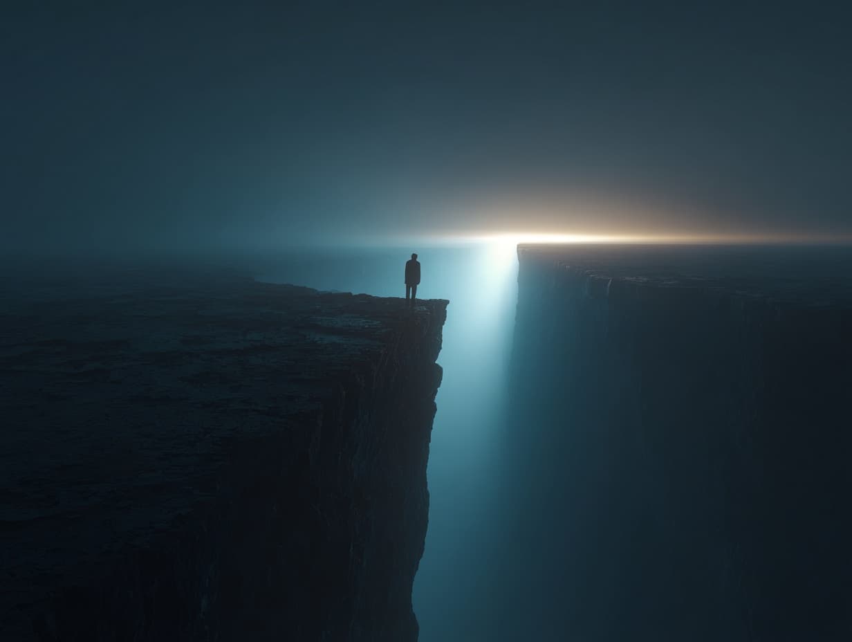 A lone human figure standing at the edge of a vast chasm, facing a glowing digital horizon