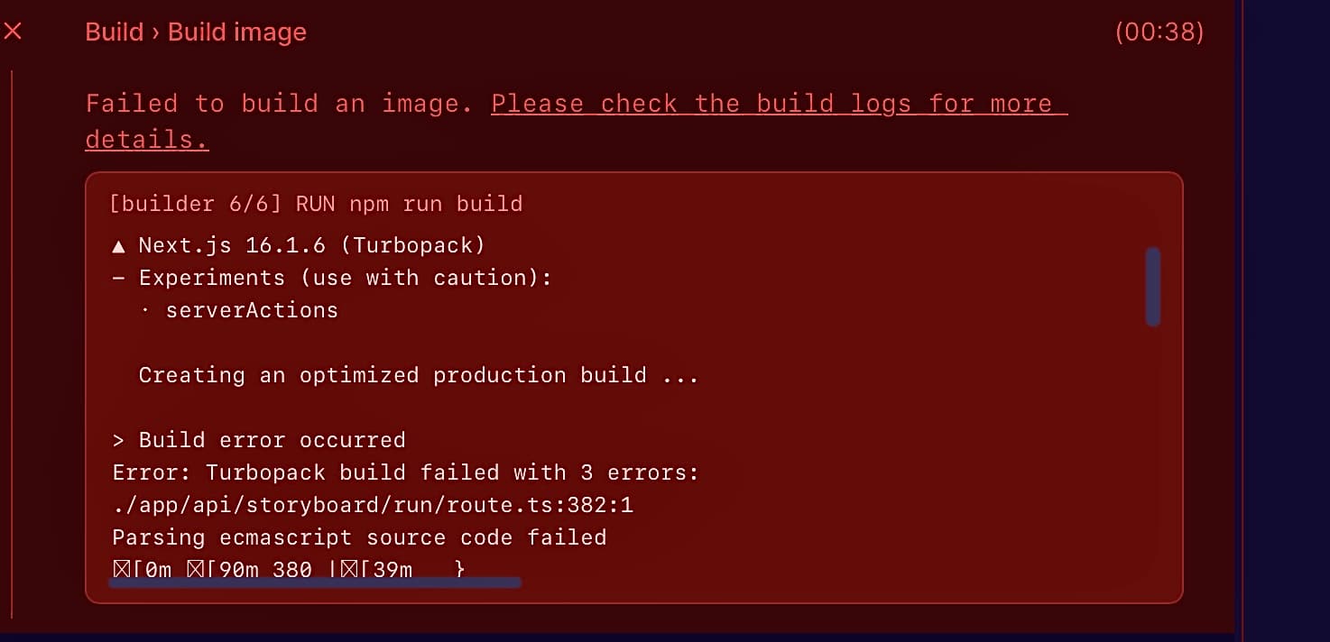 Vercel build failure — Turbopack parsing error at route.ts line 382