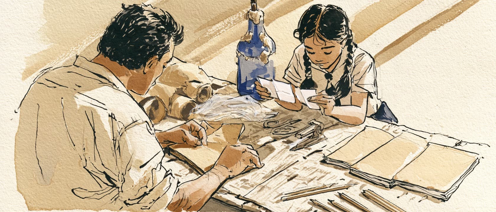 A father folds the corner of a brown paper book cover while his daughter, in school uniform, holds out a sheet of white labels; a blue glue bottle with a brush in its neck stands on the newspaper-covered table.