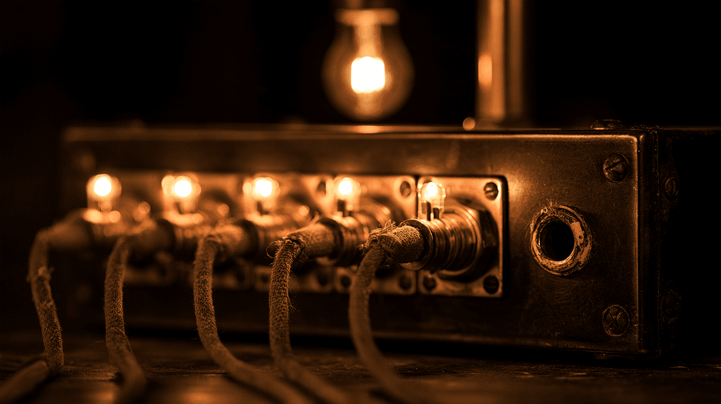 A row of glowing analog switchboard jacks, cables plugged into four of them, beside a fifth socket that sits dark and empty.