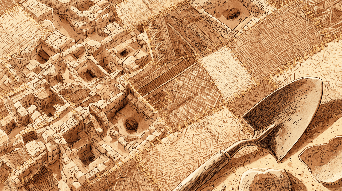 An excavated ancient city rendered as a patchwork quilt of stitched stone and textile patterns, with an archaeologist's trowel and a pottery shard in the foreground