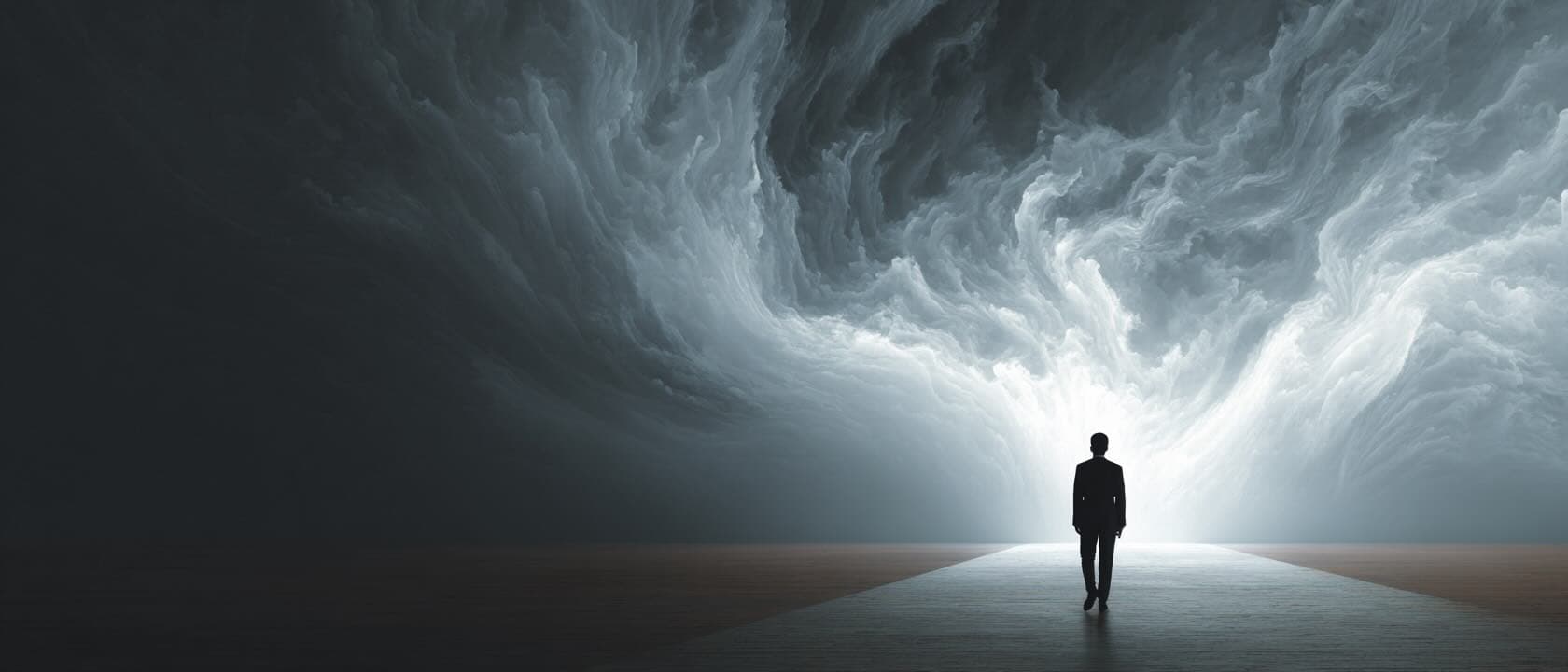 Silhouette of a person standing before dramatic clouded sky representing power and leadership