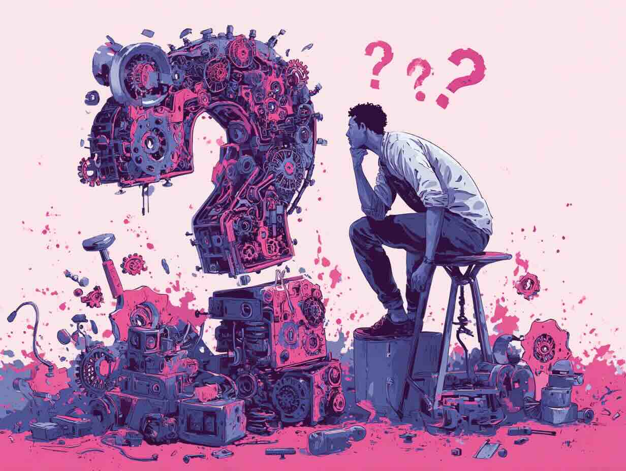 A person contemplating a large question mark made of machinery and gears, surrounded by scattered mechanical parts