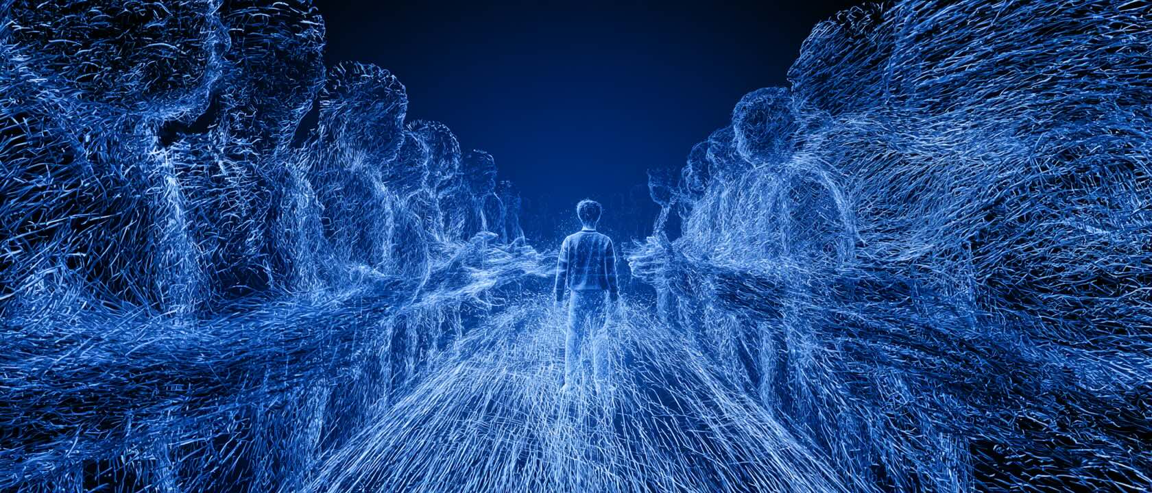 A solitary figure walks away down a path, flanked on both sides by luminous blue thread-like figures dissolving into the dark.