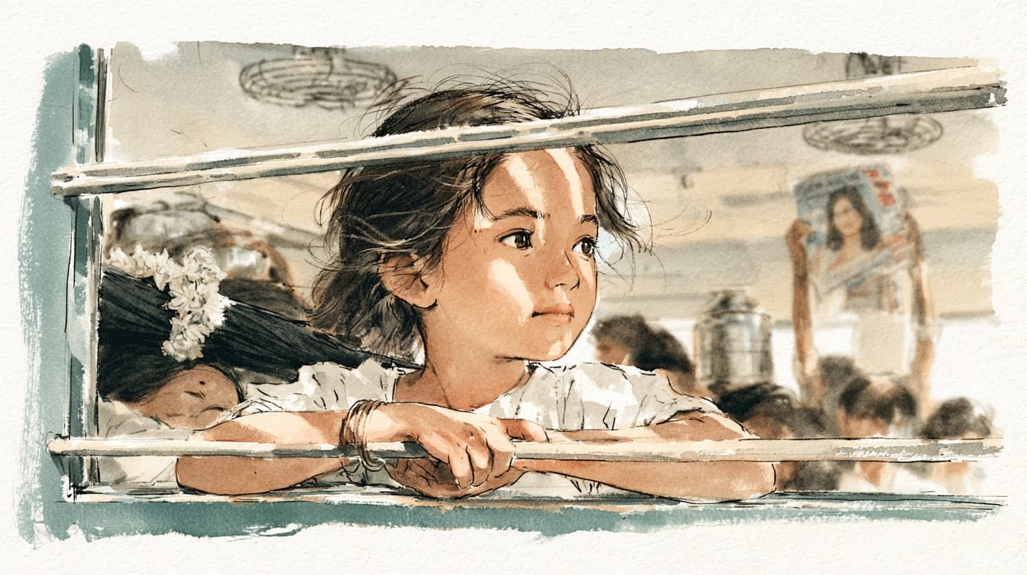 A young girl leans on the iron-barred window of a crowded Mumbai suburban ladies' compartment, striped light across her face, her gaze quiet and curious. Behind her, women in saris, a film magazine held aloft, mogra gajras on a folded umbrella, a steel dabba and ceiling fans.