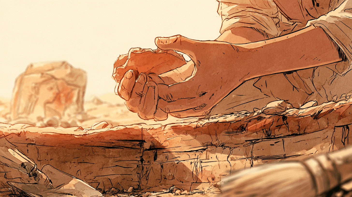 A student's hands cradle a fragment of pottery above the layered soil of an excavation trench, a brush in the foreground and a weathered carved stone blurred in the distance.