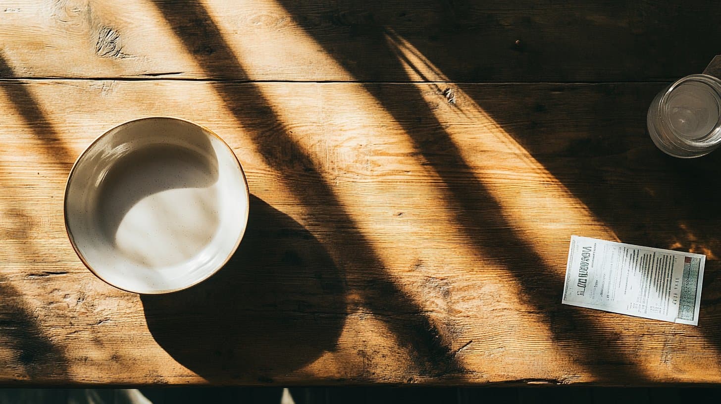 An empty bowl and a bill on a bare wooden table in diagonal afternoon light
