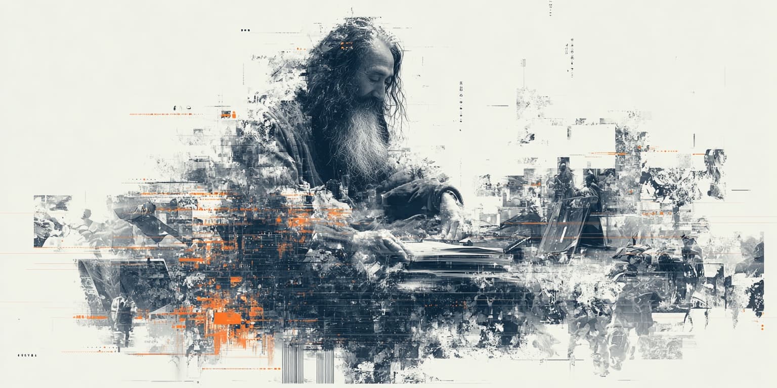 Glitch-distressed illustration of a long-haired bearded figure bent over work, with orange and grey chaos dissolving around him