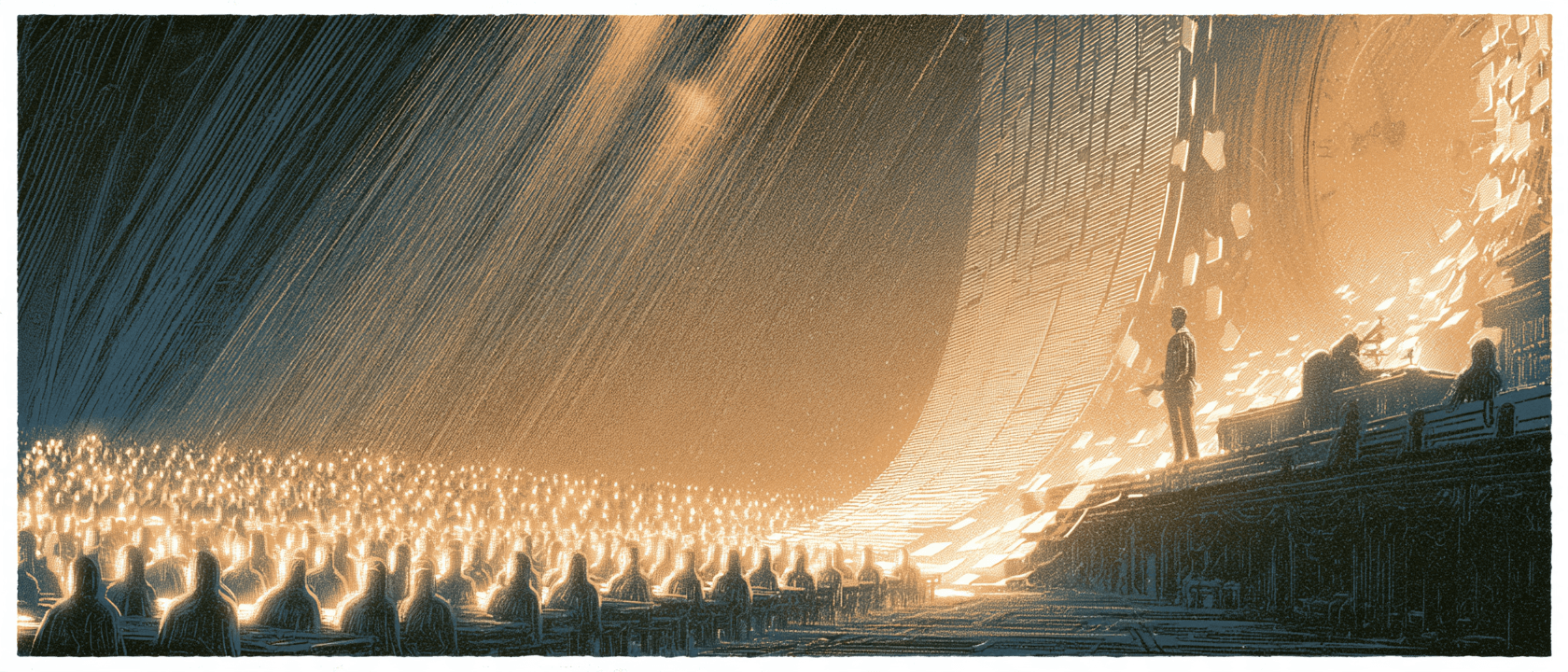 Rows of luminous agent figures at desks fill a vast hall while a single human stands before a towering ledger wall that dissolves into drifting glass tiles.