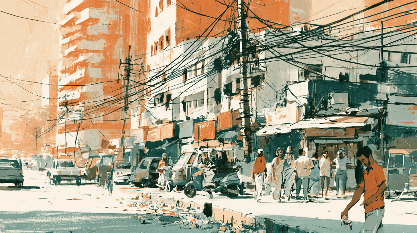 A busy modern Indian city street under tangled electricity cables, with traffic, chai shops and walkers, and a man in the foreground dropping a wrapper on the ground