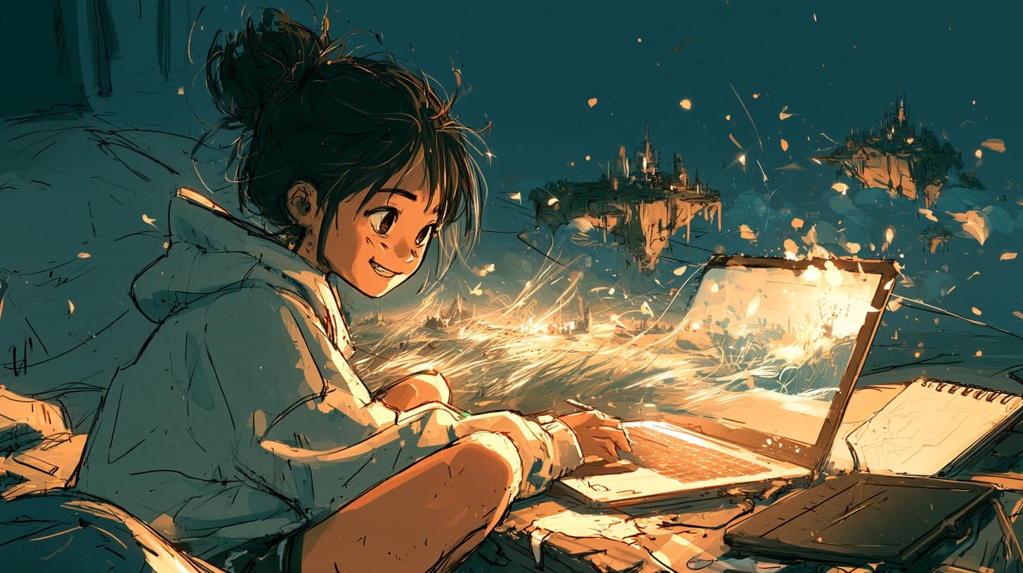 Illustration of a smiling teenage girl in a hoodie sitting with a glowing laptop, its screen spilling light and petals into an anime-inspired fantasy landscape of floating islands
