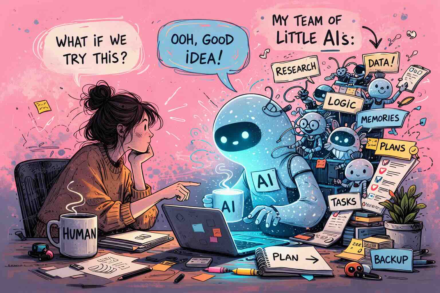 Human collaborating with an AI system coordinating multiple specialist sub-agents