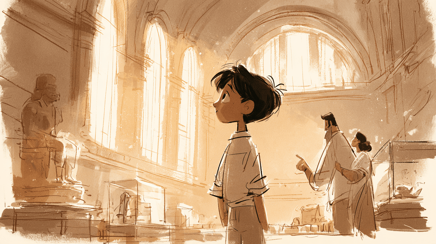 A young boy standing in quiet awe inside a museum hall, an ancient sculpture beside him and his parents pointing at a display case in the background
