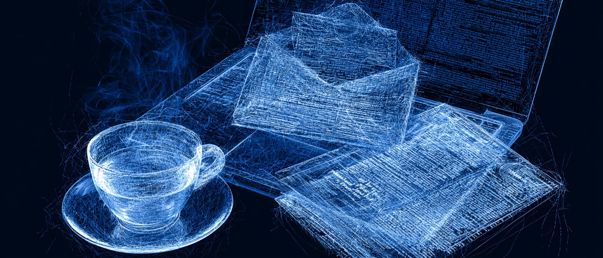 A steaming coffee cup, an open envelope with a letter, and a laptop showing text, rendered as a blue thread-drawn illustration