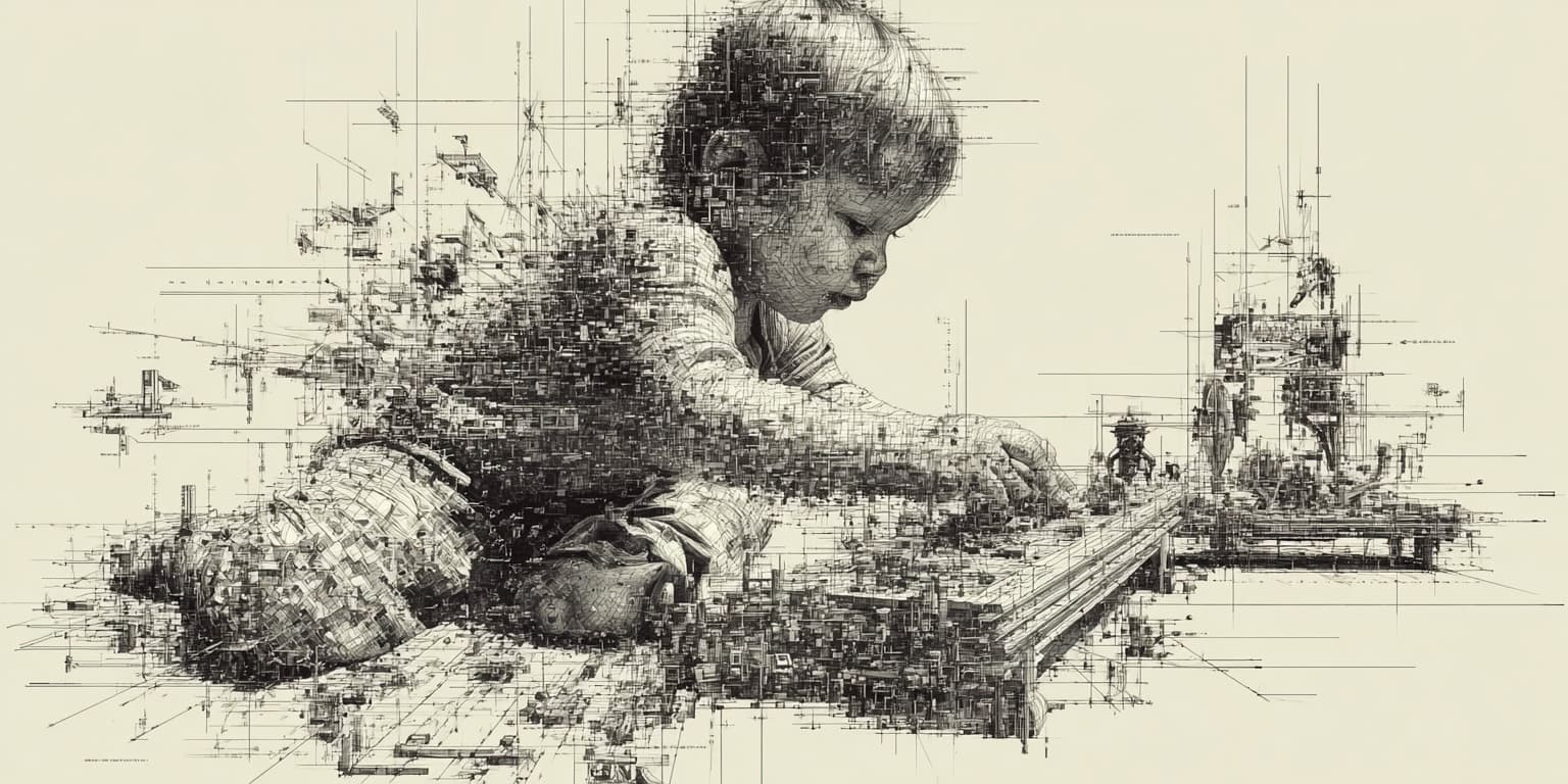 A child bent over a surface in total absorption, their body dissolving into architectural drawings and structural diagrams
