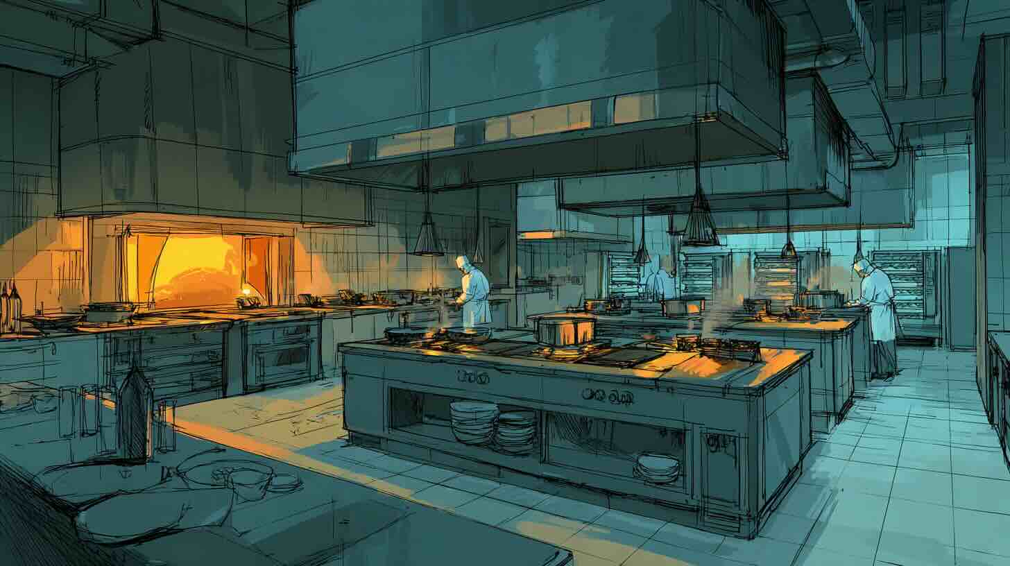 Illustration of a near-empty 5-star hotel central kitchen with lone chefs at each station, tandoor glowing orange against steel blue surroundings