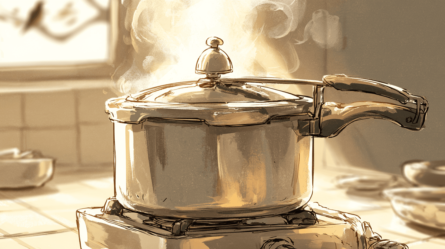 A stainless steel Indian pressure cooker on a stovetop, steam bursting from its valve in the early morning light, a small bird visible through the kitchen window behind it.