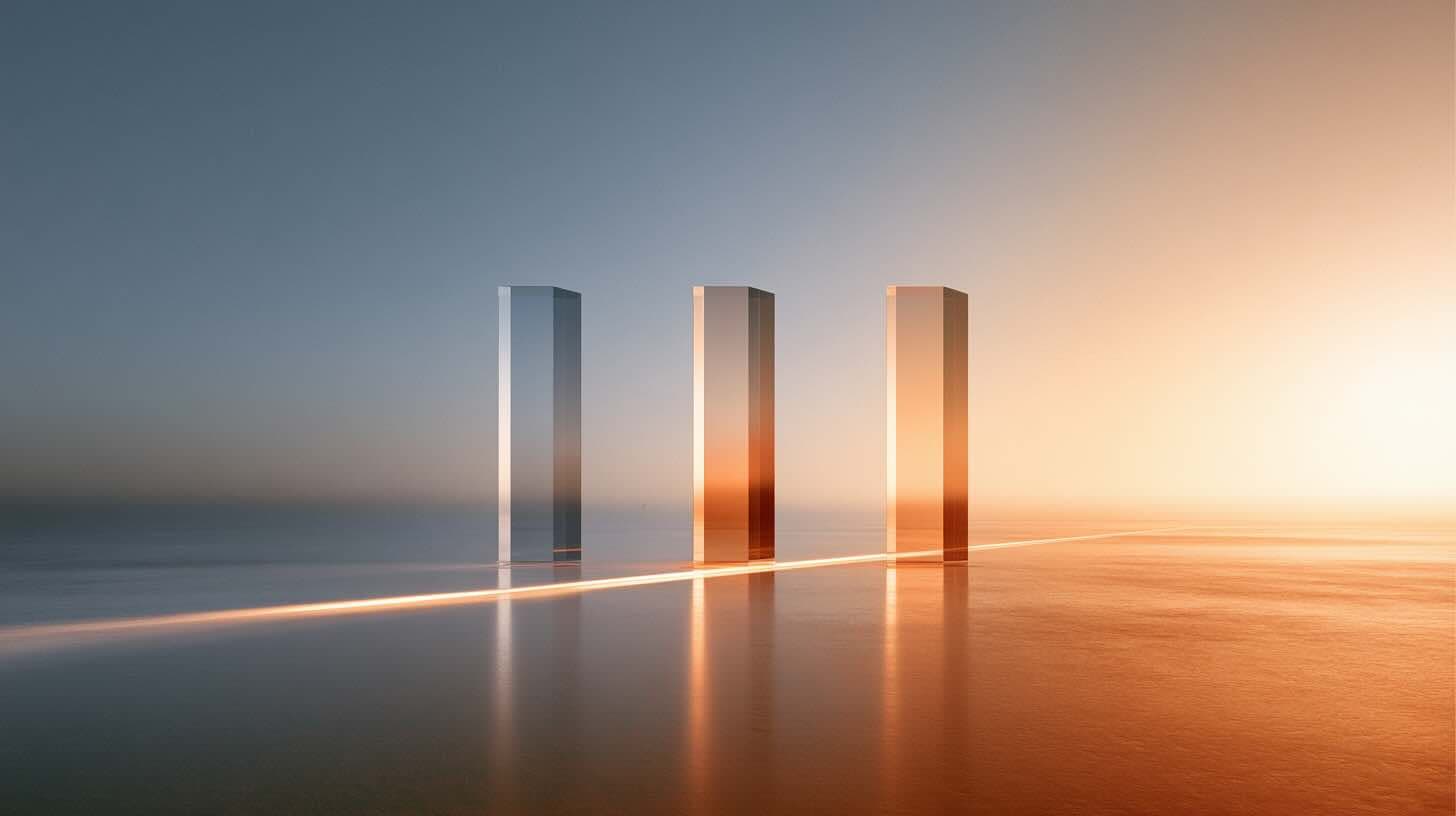 Three translucent glass forms standing at a horizon where cool blue light meets warm amber light, each caught mid-threshold between the two.