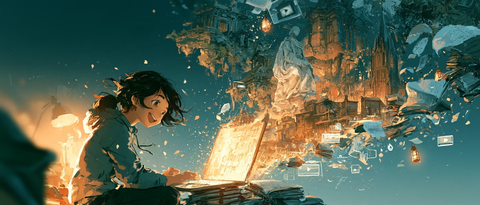 Illustration of a laughing young woman in a hoodie typing on a glowing laptop, its screen releasing a swirl of floating temples, a marble statue, a gothic cathedral, a frontier town, open books, paper pages and video windows into a teal night sky