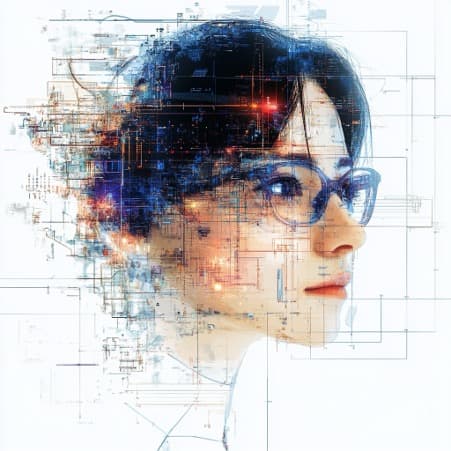 A portrait of a woman with glasses dissolving into digital circuits and blueprints, representing the fusion of human creativity and artificial intelligence in visual design