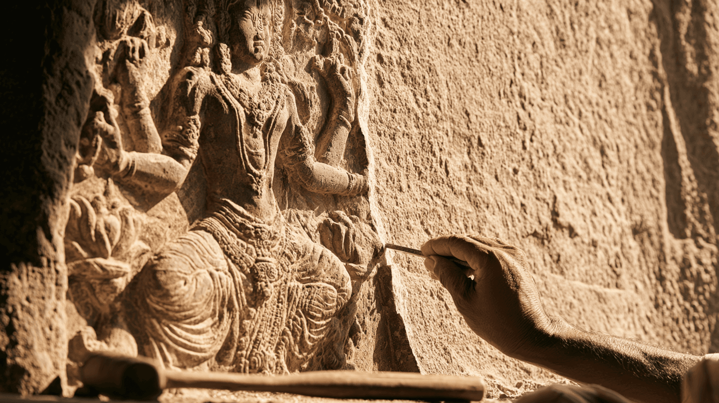 A sculptor's chisel meets a temple wall mid-carving, with a multi-armed Hindu deity emerging in relief from the unfinished stone.