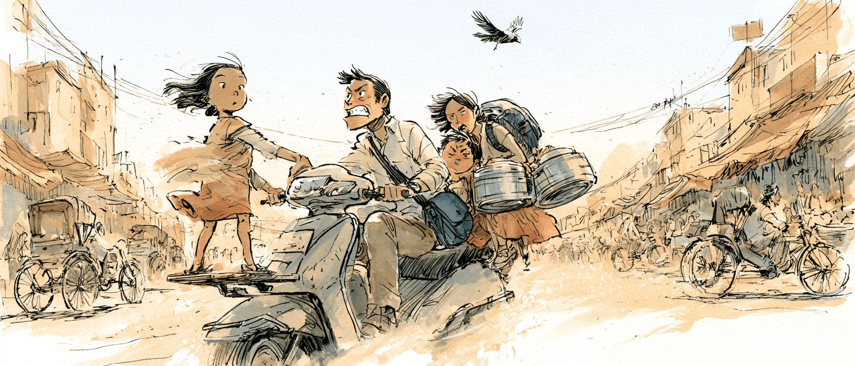 A father, exasperated, argues with a little girl reaching for the scooter's handlebar while a mother balances a boy, two backpacks and two tiffin carriers, a crow overhead, in a crowded Indian street