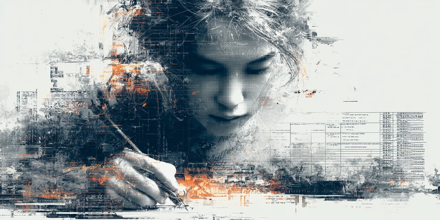 A figure writing, overlaid with data tables and digital noise — the intersection of writing, intelligence and information systems