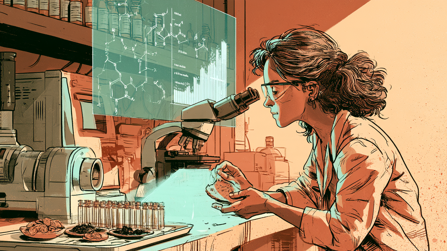 A chemist in safety glasses examines a pottery fragment beside a microscope, with a glowing hologram of molecular chains and a bar chart above the bench.