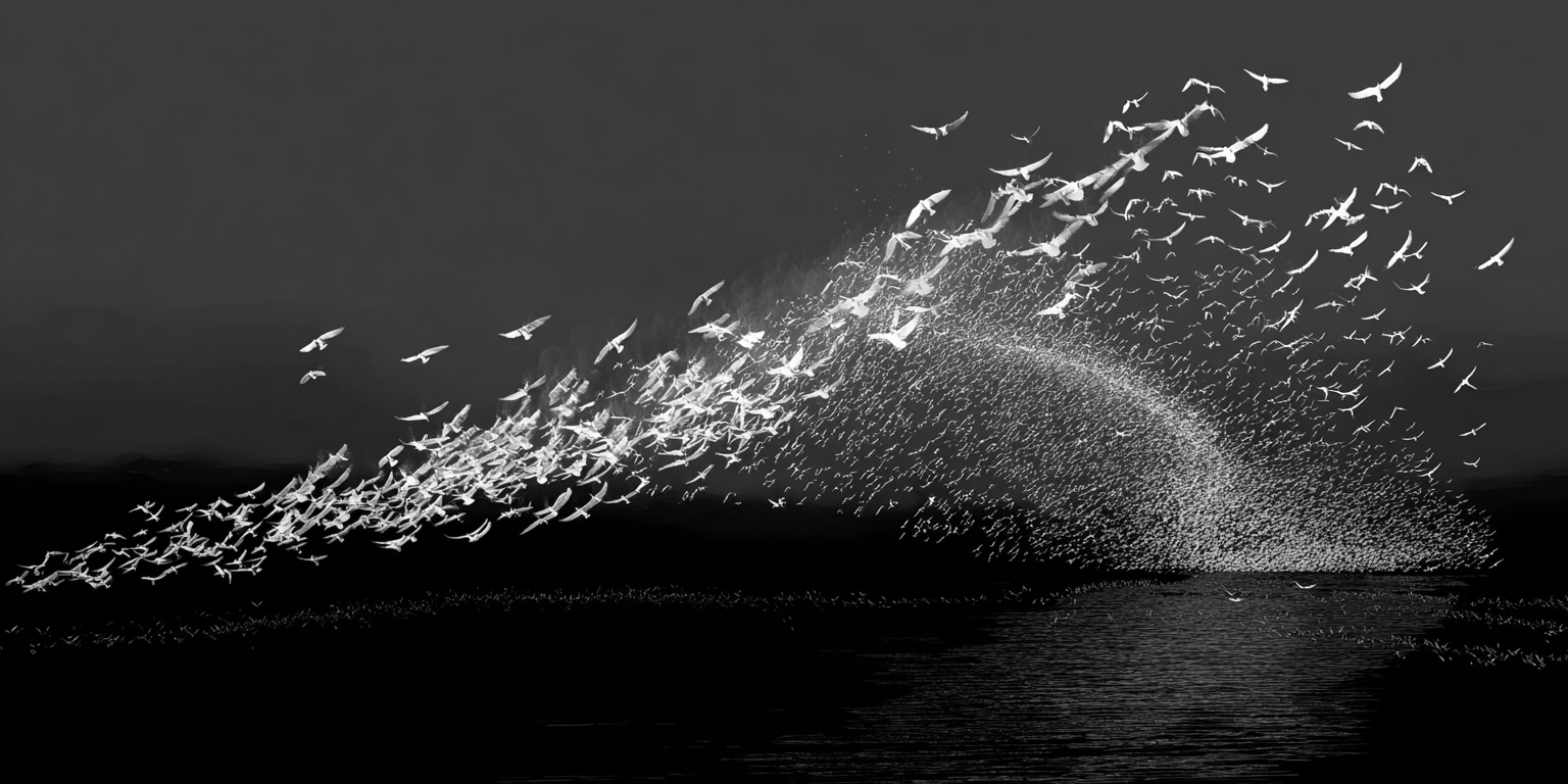 A flock of birds rises from dark water in a sweeping arc, dispersing into a monochrome sky — the collective momentum of migration