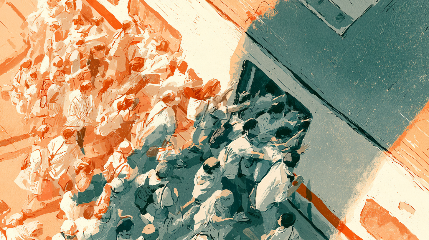An overhead view of a crowded railway platform, with people pushing in from every side toward a train door