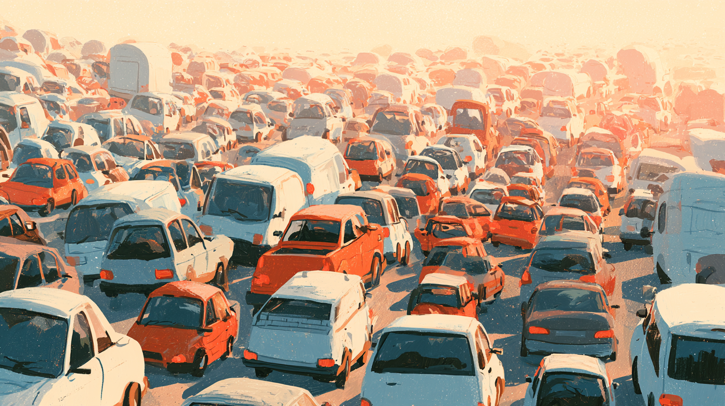 An overhead view of a dense traffic jam, with cars and vans packed at every angle and no clear lanes
