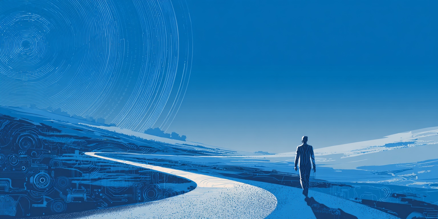 A solitary figure walks a winding path through a vast blue landscape where the terrain dissolves into circuit patterns, under a sky streaked with star trails