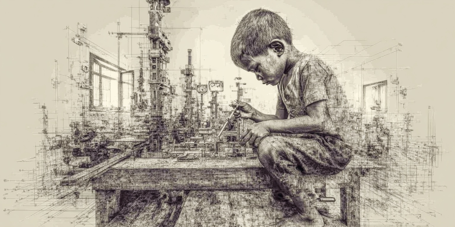 A young Indian boy working at a factory workbench, ink illustration with industrial machinery dissolving into structural lines around him