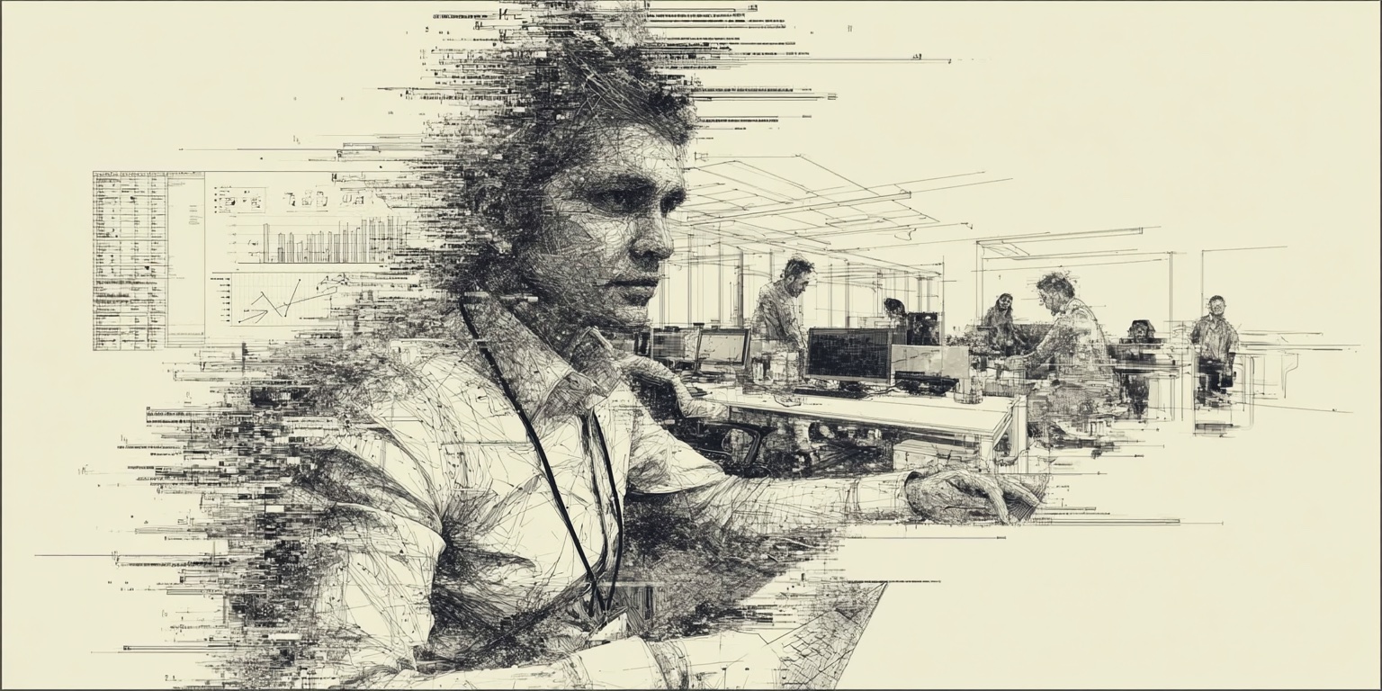 An Indian office professional at a desk, figure dissolving into spreadsheet data and graphs, open plan office sketched behind him