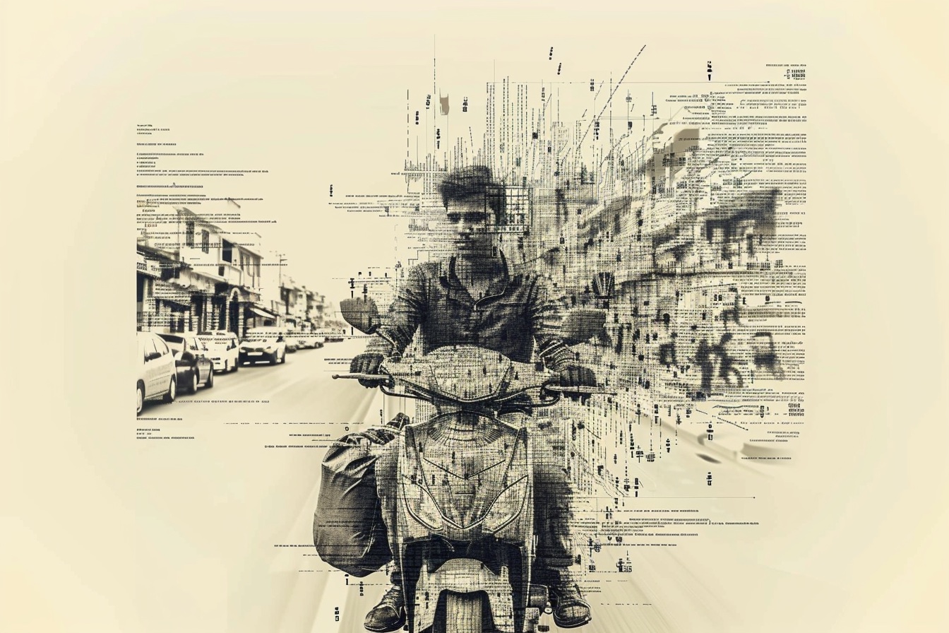 A young Indian delivery rider on a motorcycle, figure dissolving into streams of data and printed text against a city street background
